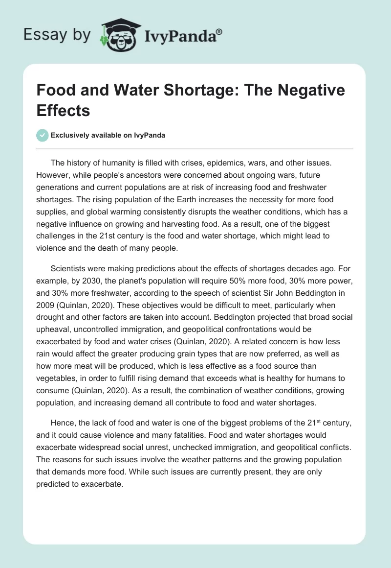 Food and Water Shortage: The Negative Effects. Page 1