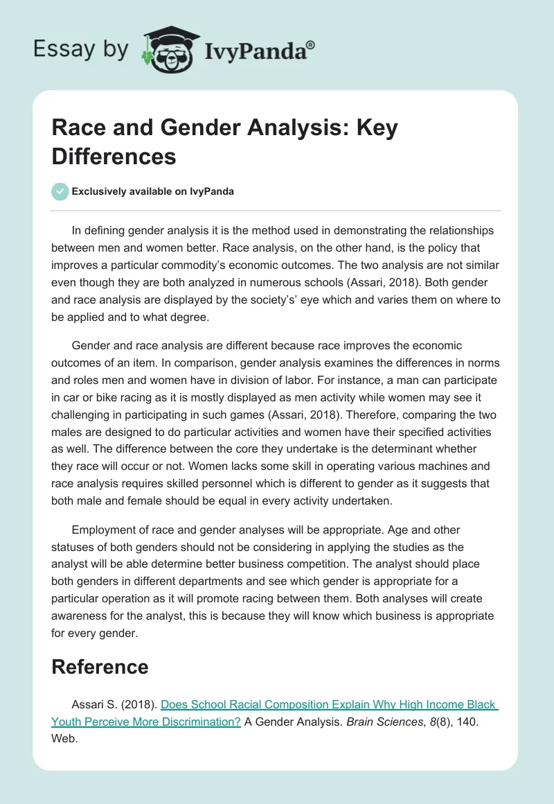 Race and Gender Analysis: Key Differences. Page 1
