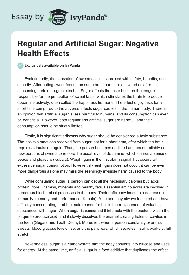 Regular and Artificial Sugar: Negative Health Effects. Page 1