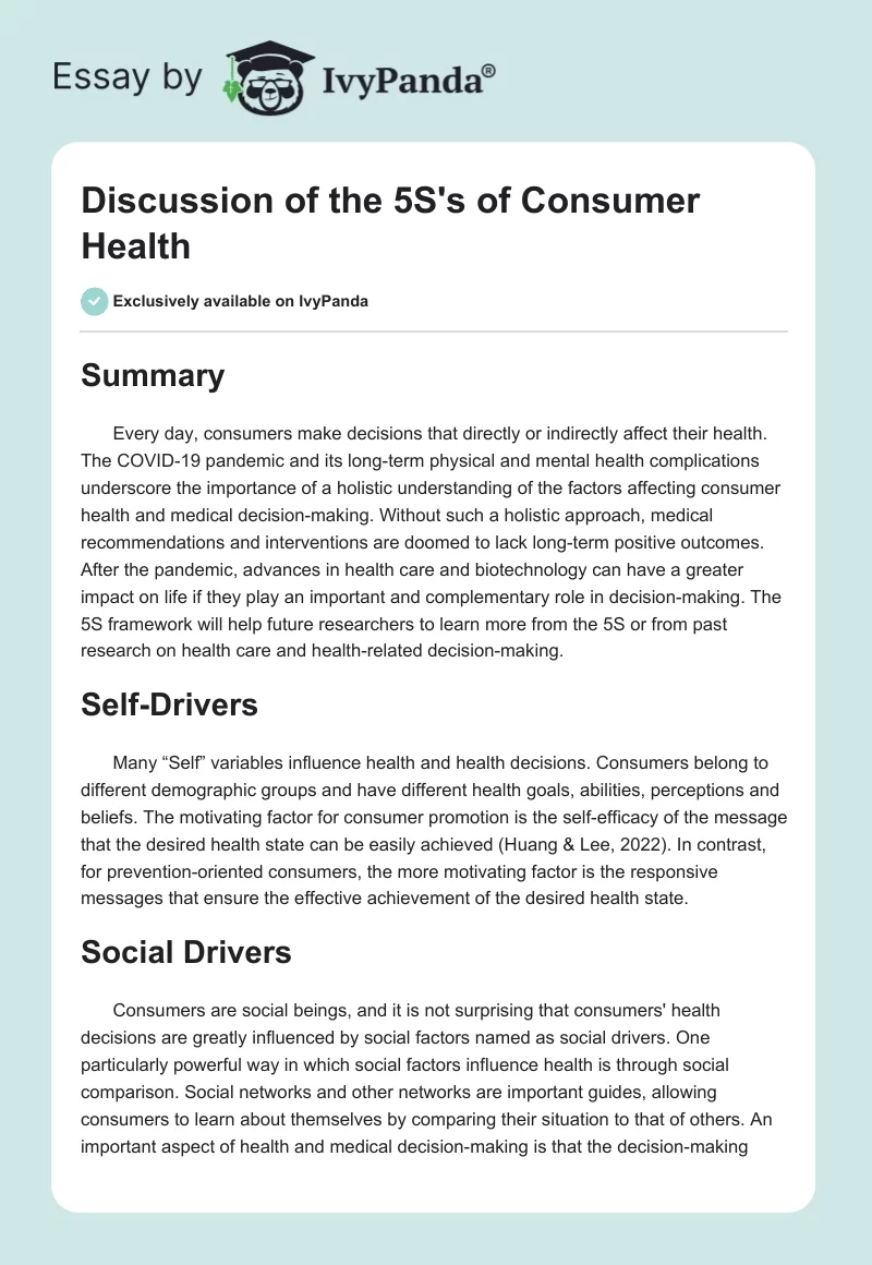 Discussion of the 5S's of Consumer Health. Page 1