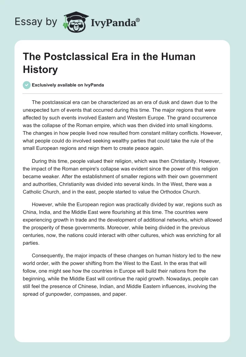 The Postclassical Era in the Human History. Page 1