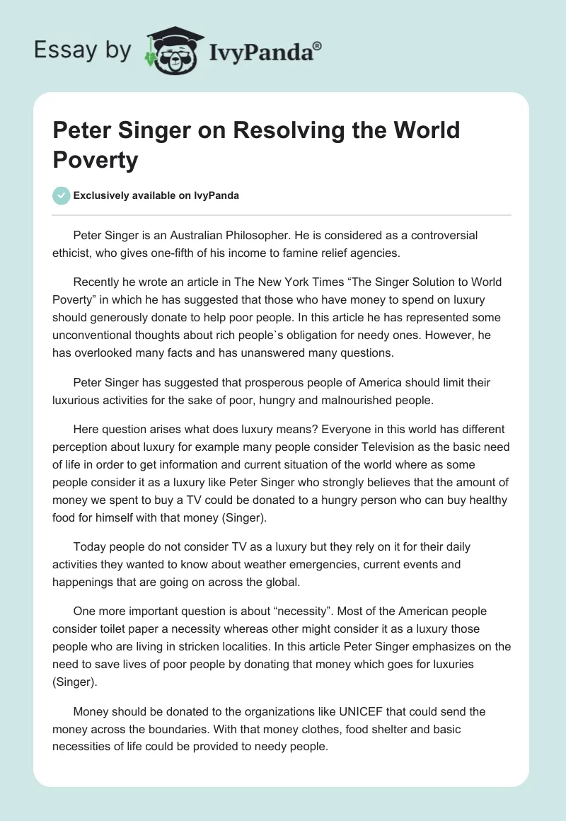 Peter Singer on Resolving the World Poverty. Page 1