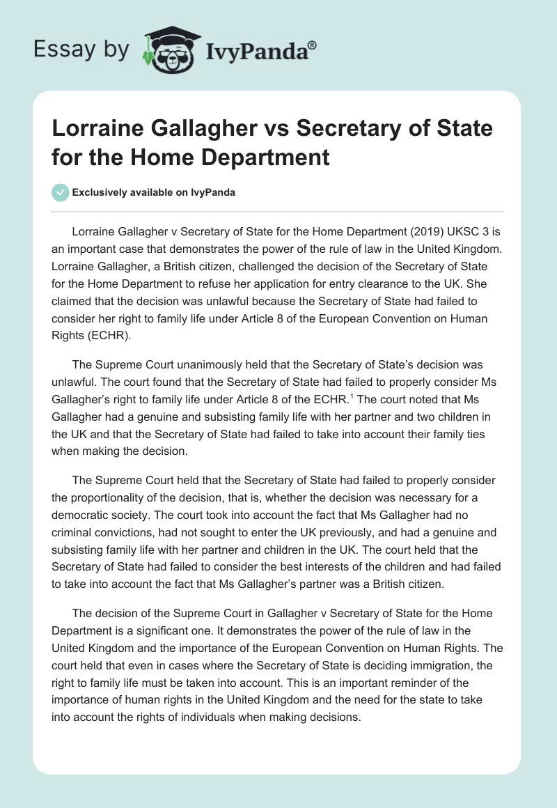 Lorraine Gallagher vs Secretary of State for the Home Department. Page 1