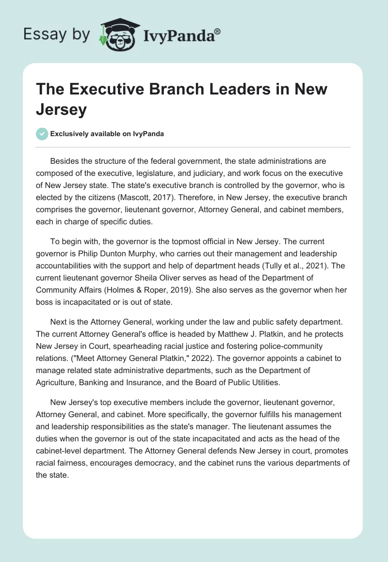 The Executive Branch Leaders in New Jersey. Page 1