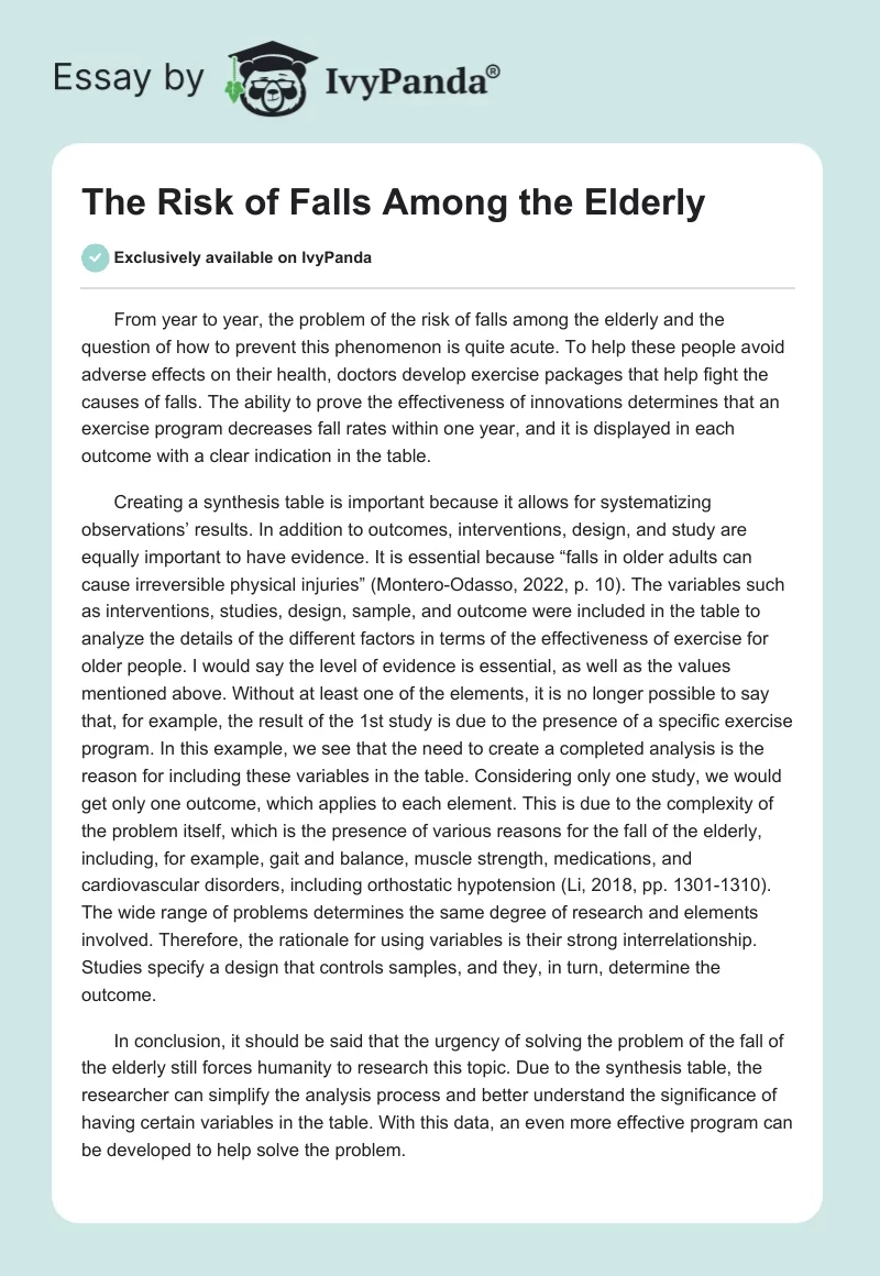 The Risk of Falls Among the Elderly. Page 1