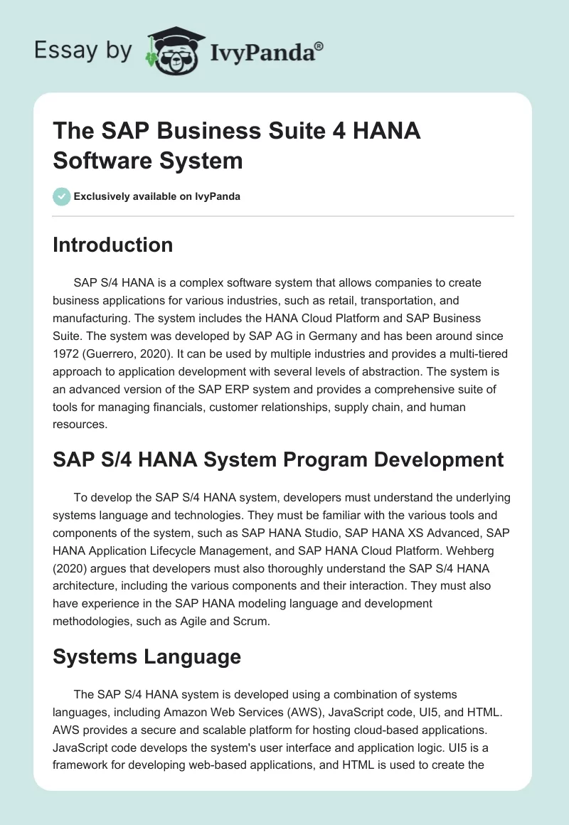 The SAP Business Suite 4 HANA Software System. Page 1