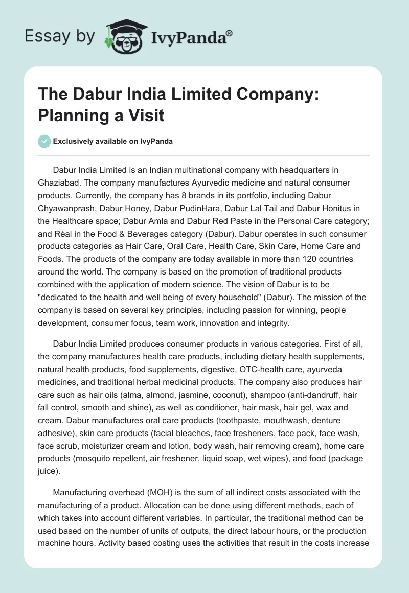 The Dabur India Limited Company: Planning a Visit. Page 1