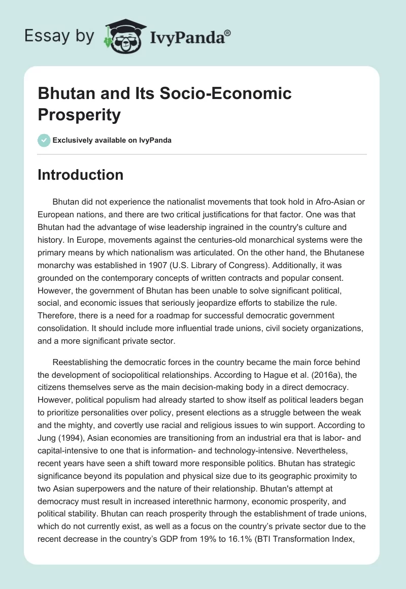 Bhutan and Its Socio-Economic Prosperity. Page 1