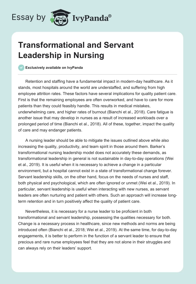 Transformational and Servant Leadership in Nursing. Page 1