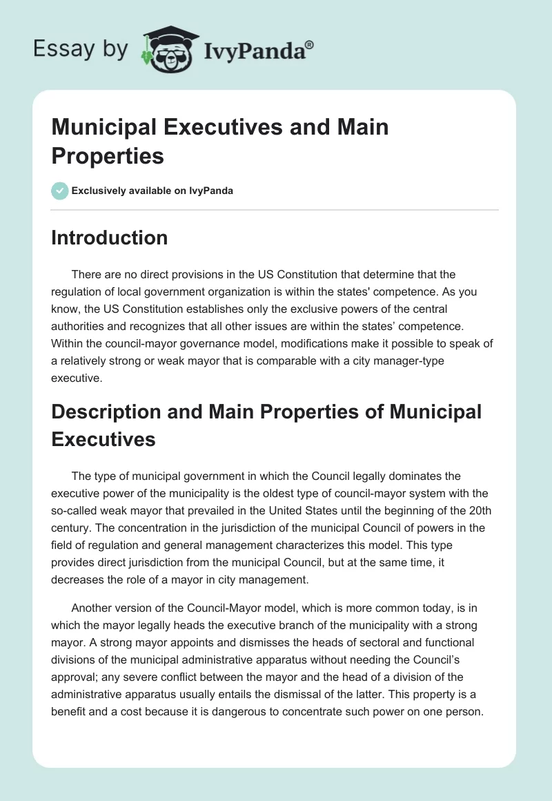 Municipal Executives and Main Properties. Page 1