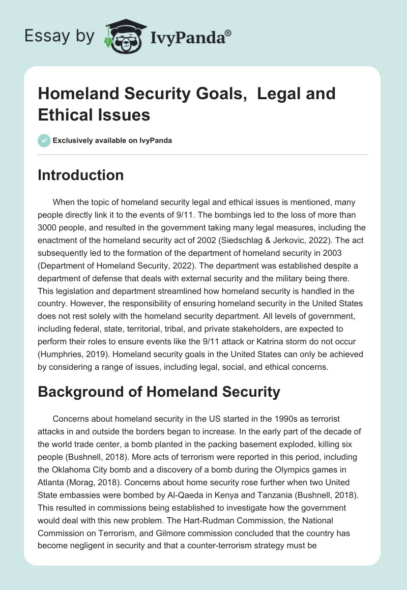 Homeland Security Goals,  Legal and Ethical Issues. Page 1