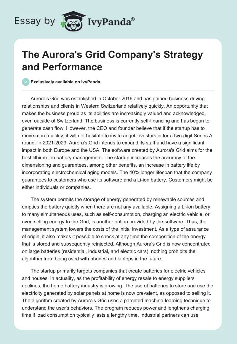 The Aurora's Grid Company's Strategy and Performance. Page 1