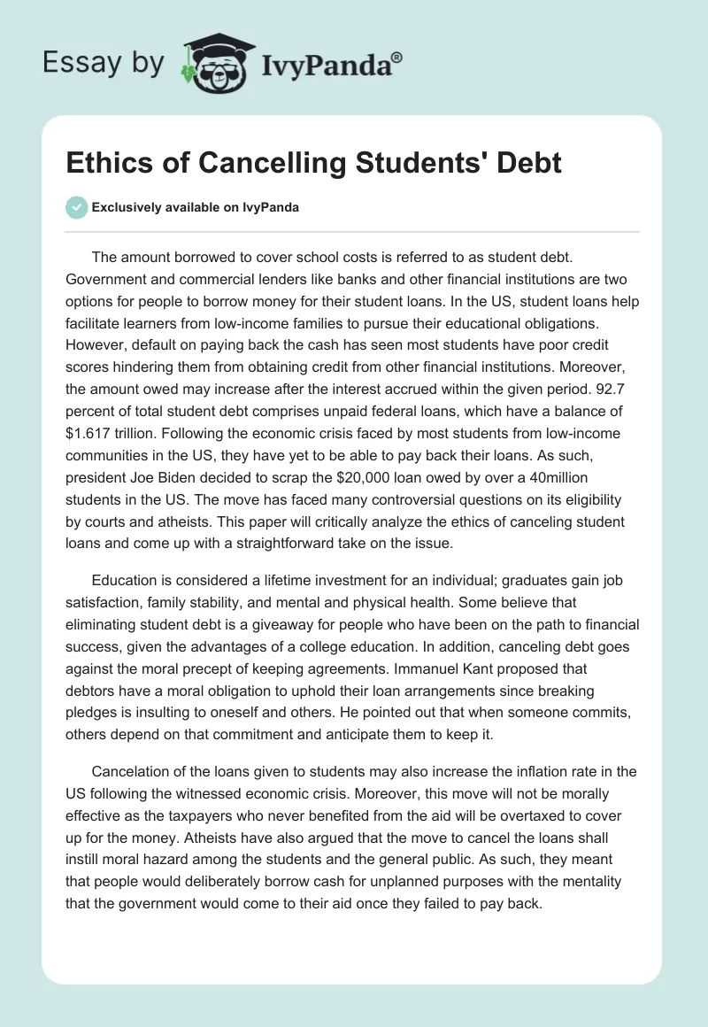 Ethics of Cancelling Students' Debt. Page 1