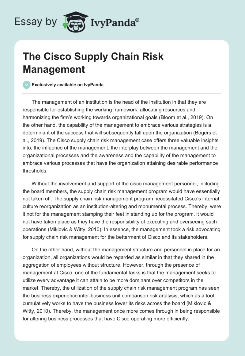 The Cisco Supply Chain Risk Management. Page 1
