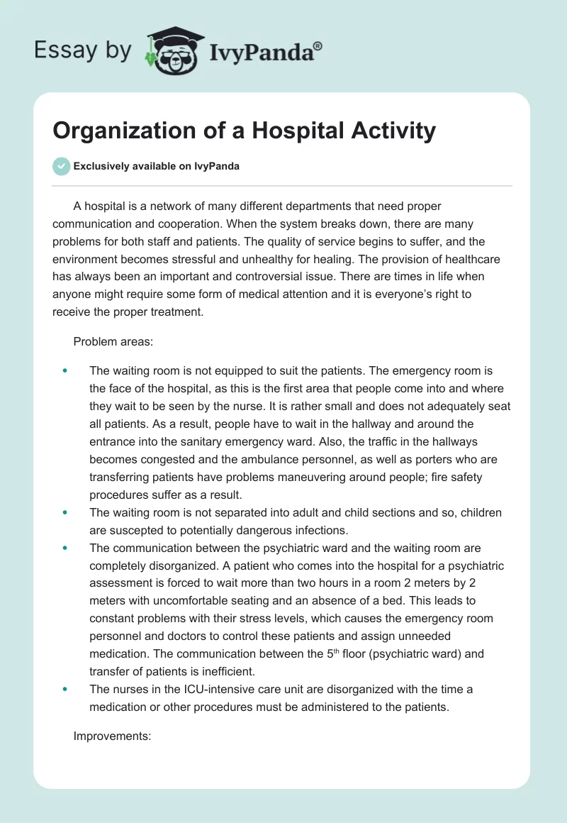 Organization of a Hospital Activity. Page 1