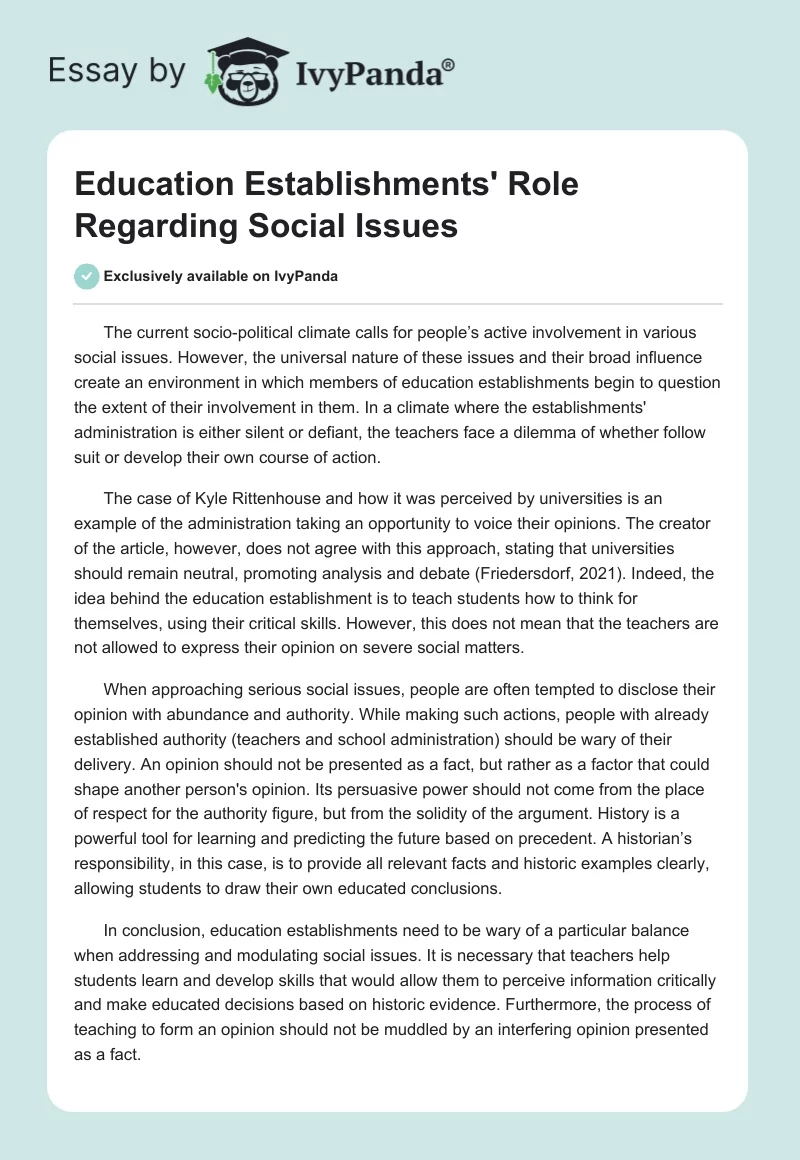 Education Establishments' Role Regarding Social Issues. Page 1