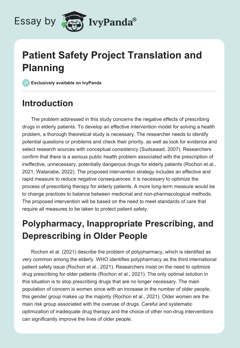 Patient Safety Project Translation and Planning. Page 1