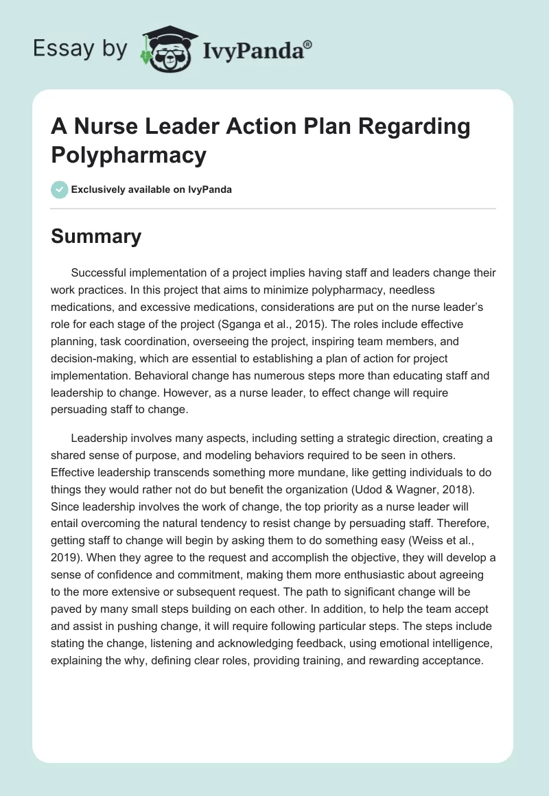 A Nurse Leader Action Plan Regarding Polypharmacy. Page 1