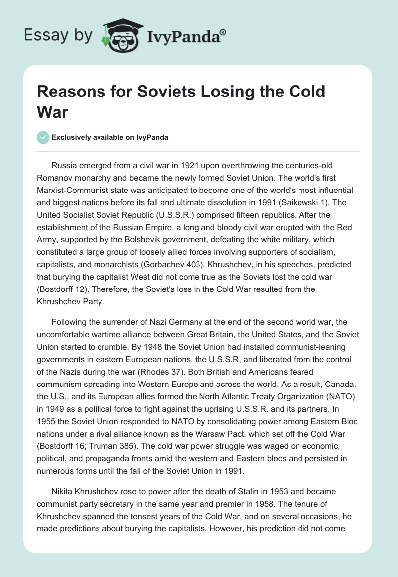 Reasons for Soviets Losing the Cold War. Page 1