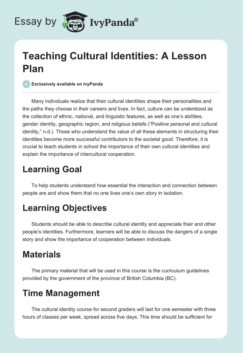 Teaching Cultural Identities: A Lesson Plan. Page 1