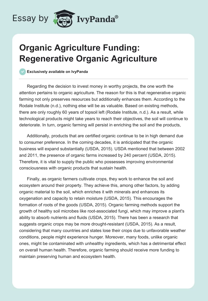 Organic Agriculture Funding: Regenerative Organic Agriculture. Page 1