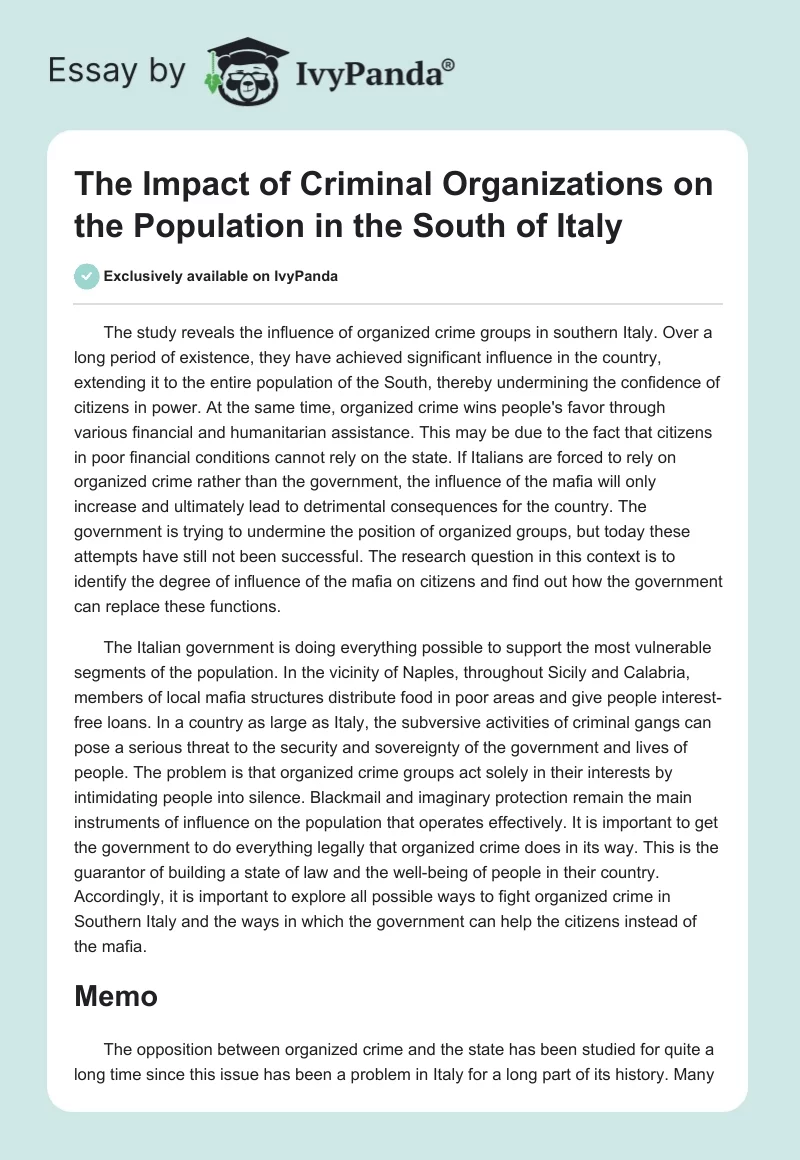 The Impact of Criminal Organizations on the Population in the South of Italy. Page 1