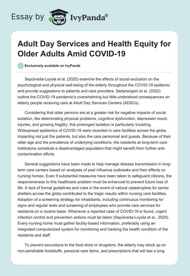 Adult Day Services and Health Equity for Older Adults Amid COVID-19. Page 1