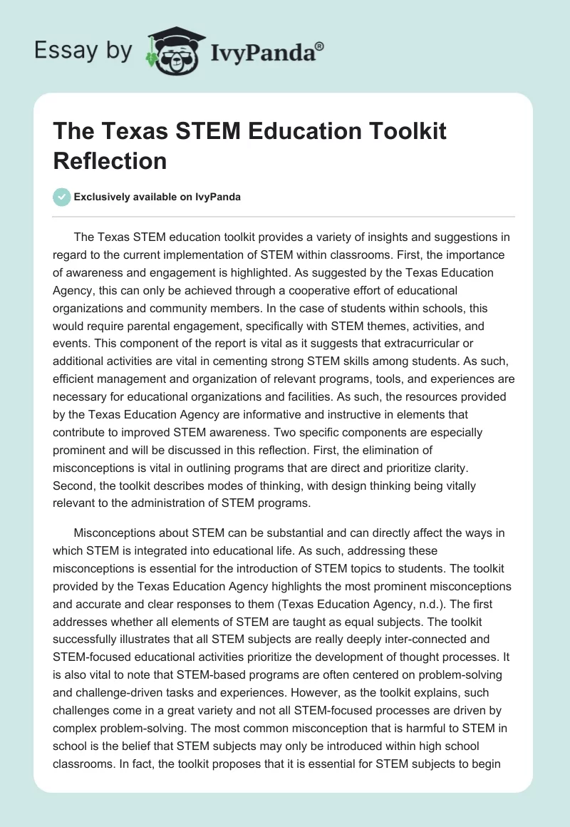 The Texas STEM Education Toolkit Reflection. Page 1