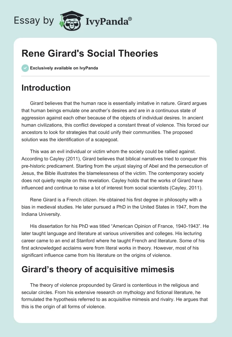 Rene Girard's Social Theories. Page 1