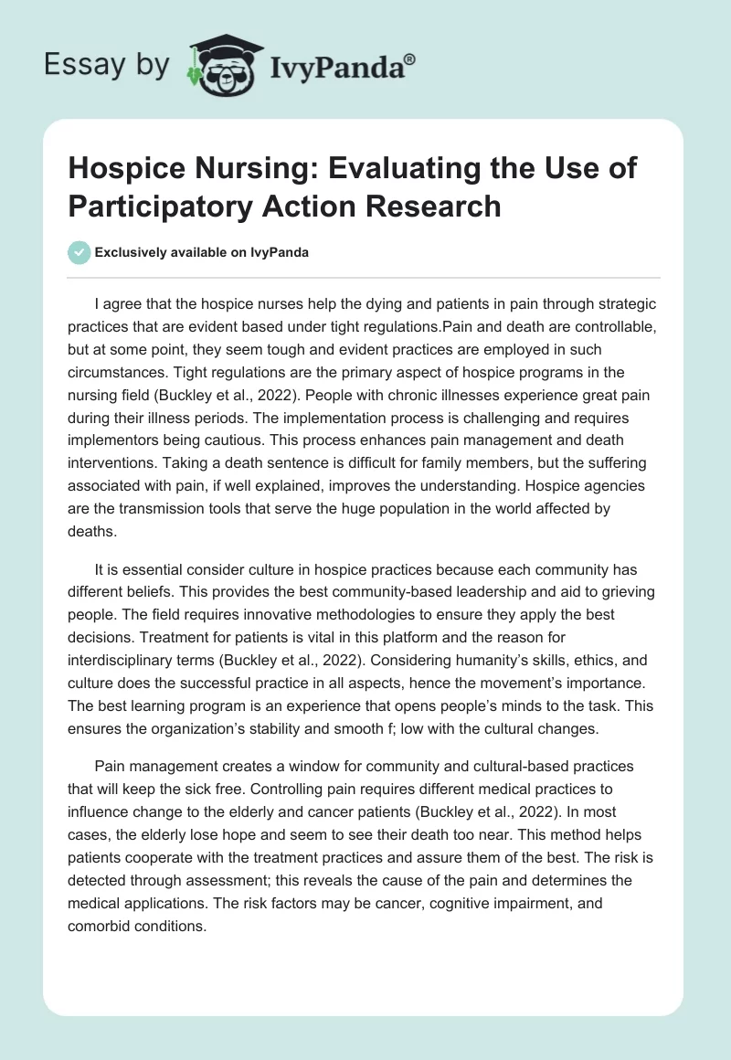 Hospice Nursing: Evaluating the Use of Participatory Action Research. Page 1