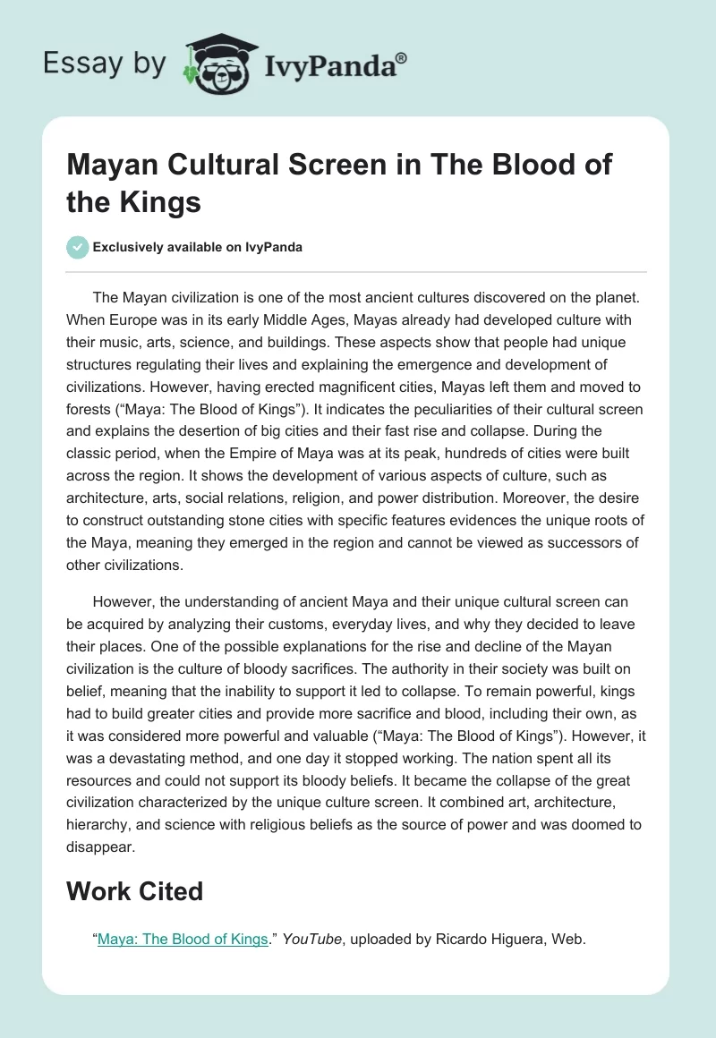 Mayan Cultural Screen in The Blood of the Kings. Page 1