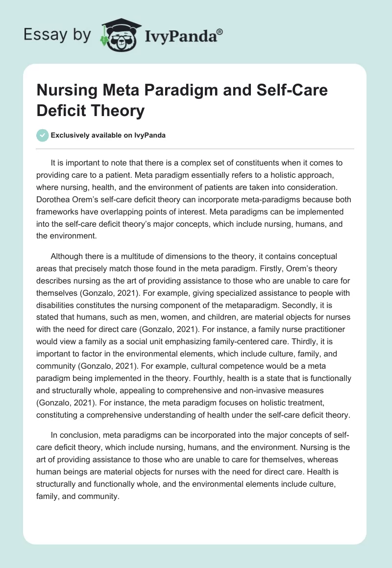 Nursing Meta Paradigm and Self-Care Deficit Theory. Page 1