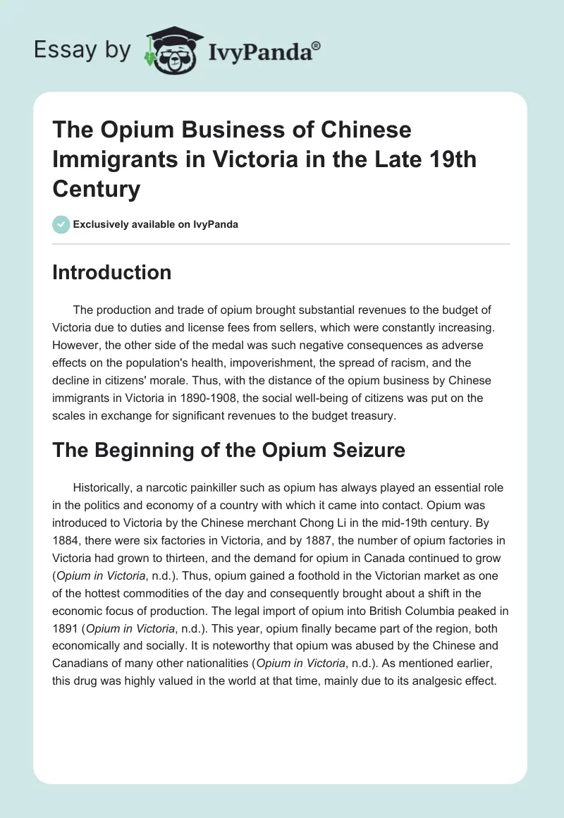 The Opium Business of Chinese Immigrants in Victoria in the Late 19th Century. Page 1