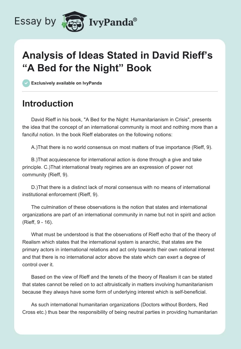 Analysis of Ideas Stated in David Rieff’s “A Bed for the Night” Book. Page 1