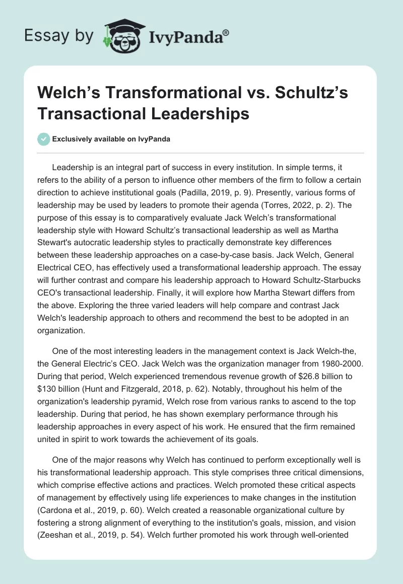 Welch’s Transformational vs. Schultz’s Transactional Leaderships. Page 1