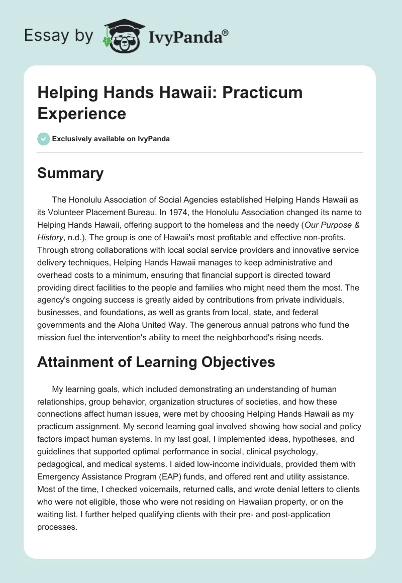 Helping Hands Hawaii: Practicum Experience. Page 1
