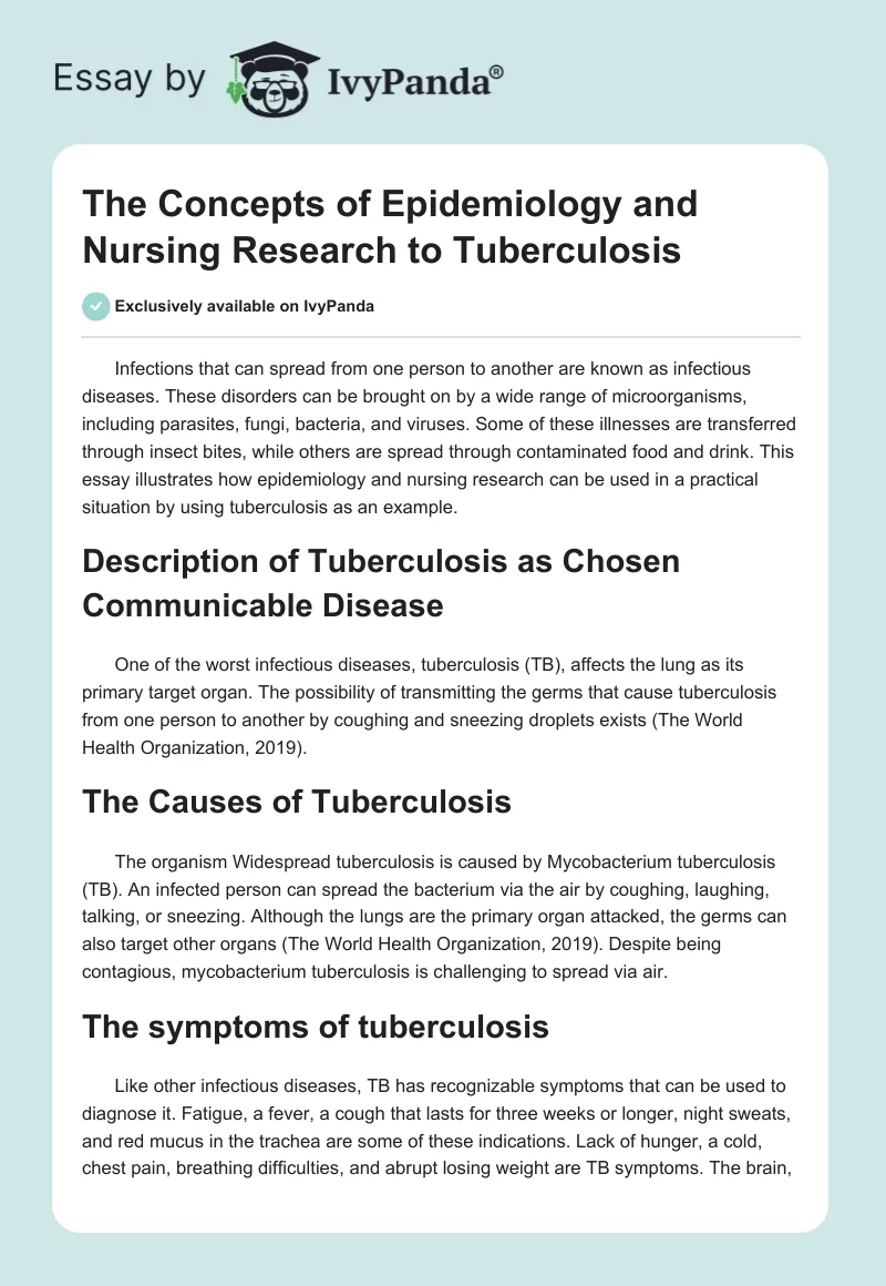 The Concepts of Epidemiology and Nursing Research to Tuberculosis. Page 1