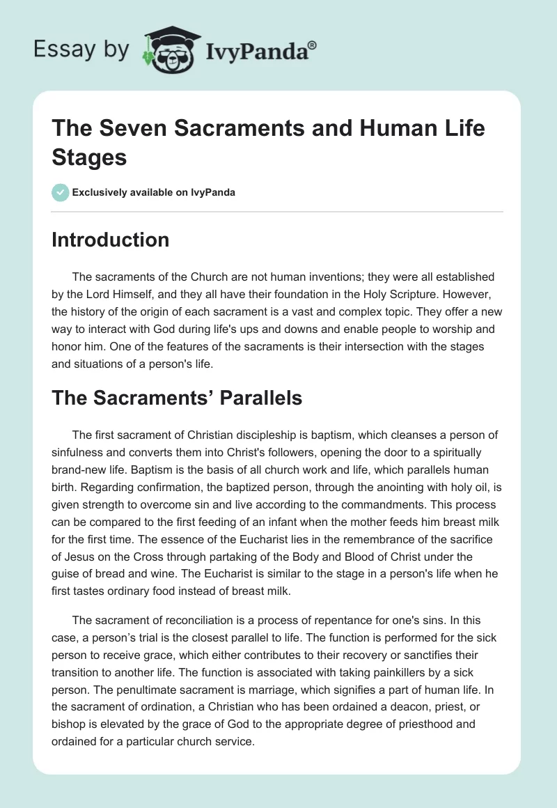 The Seven Sacraments and Human Life Stages. Page 1