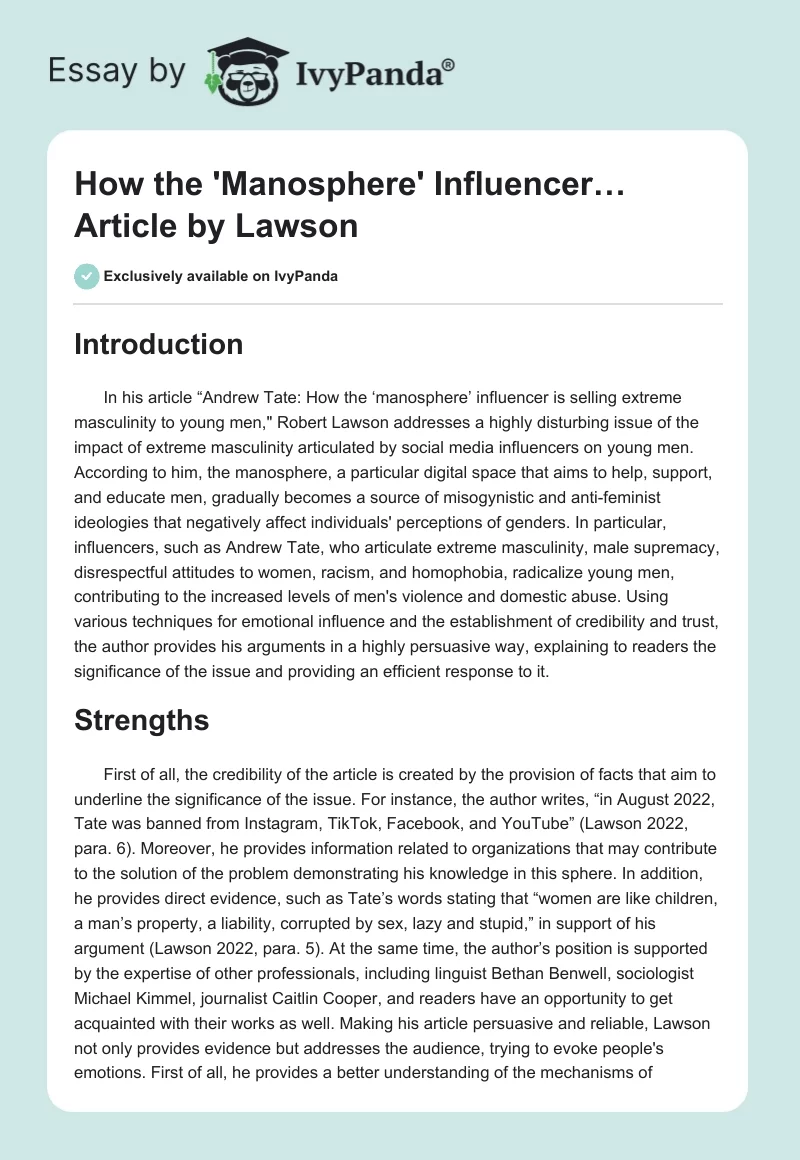 "How the 'Manosphere' Influencer…" Article by Lawson. Page 1