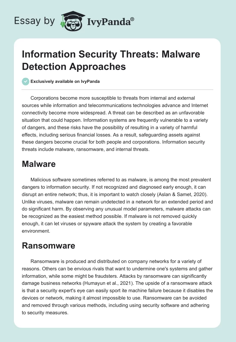 Information Security Threats: Malware Detection Approaches. Page 1