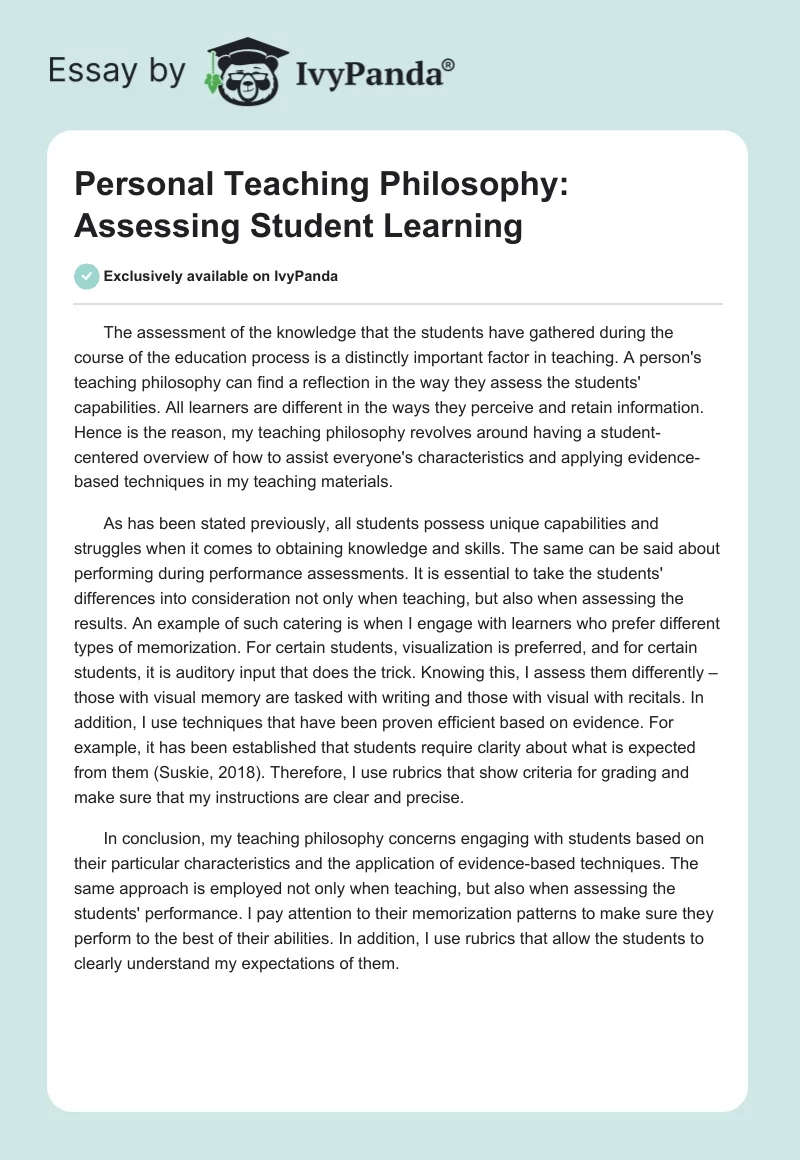 Personal Teaching Philosophy: Assessing Student Learning. Page 1