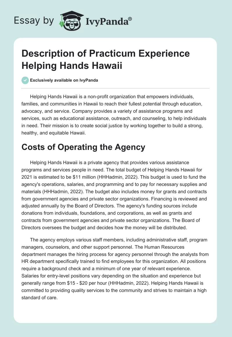 Description of Practicum Experience Helping Hands Hawaii. Page 1