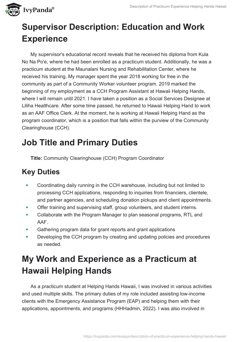 Description of Practicum Experience Helping Hands Hawaii. Page 2