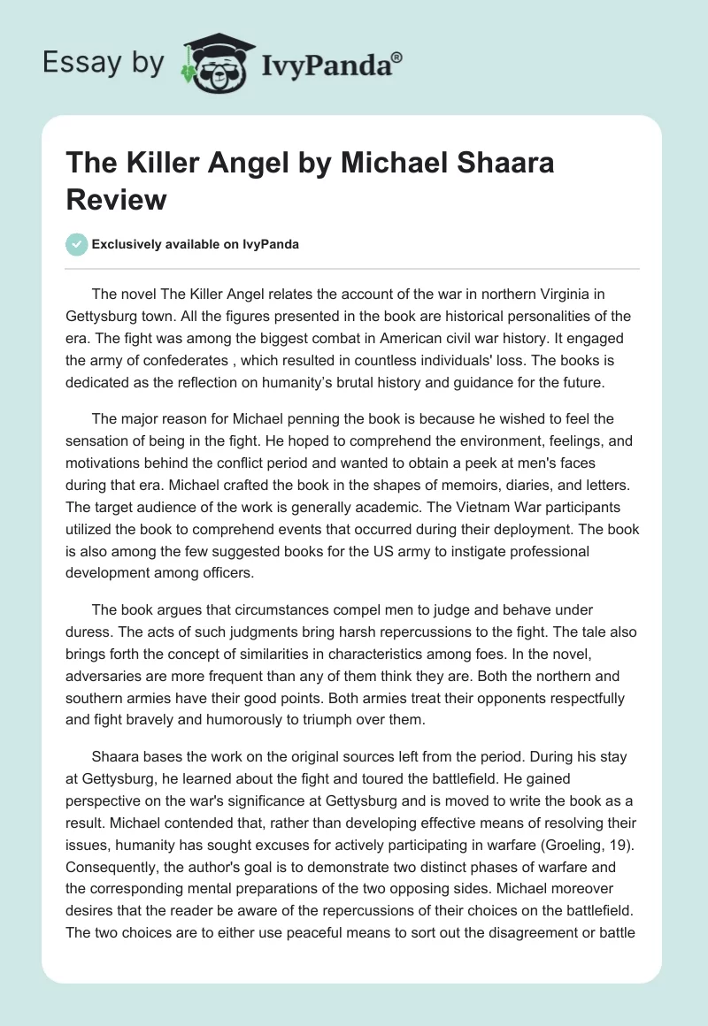 "The Killer Angel" by Michael Shaara Review. Page 1