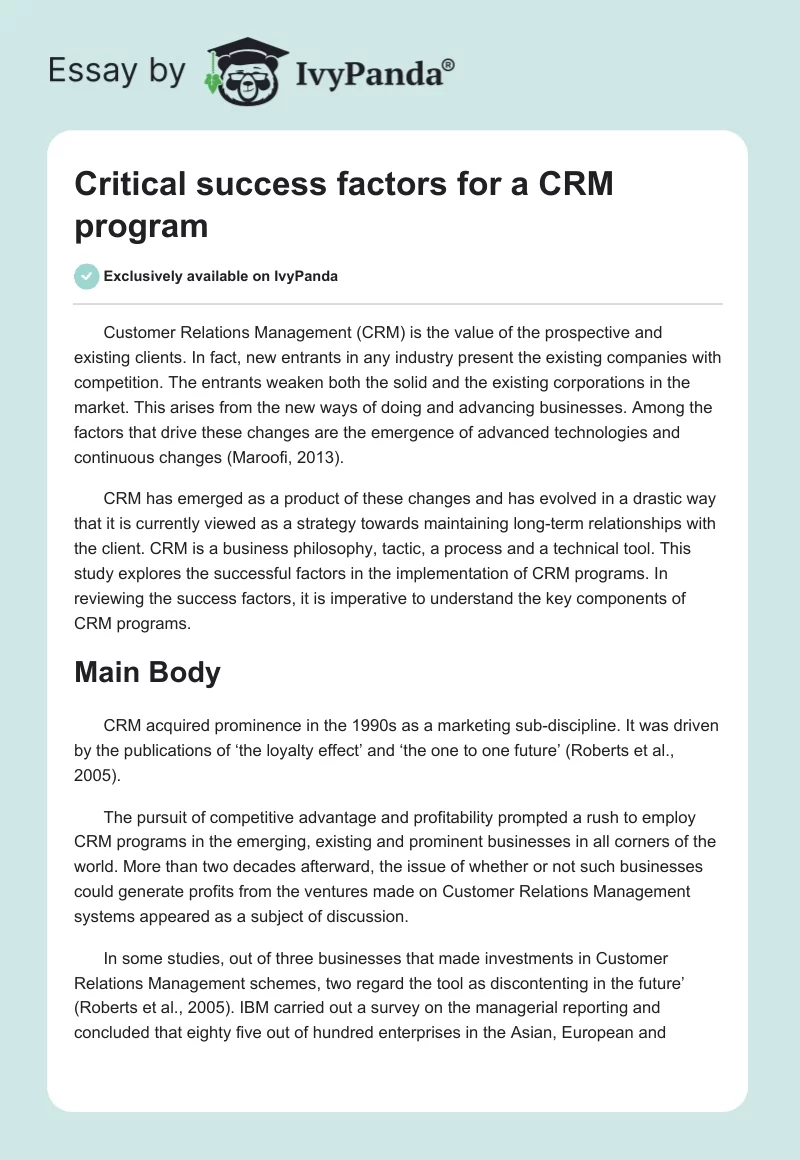 Critical success factors for a CRM program. Page 1