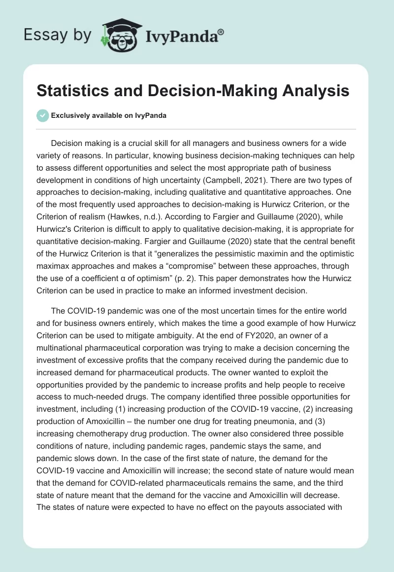 Statistics and Decision-Making Analysis. Page 1