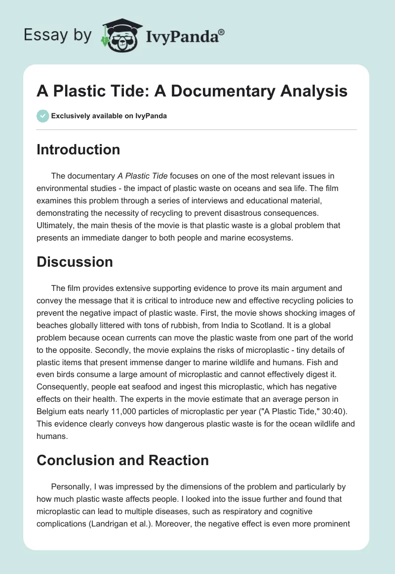 A Plastic Tide: A Documentary Analysis. Page 1