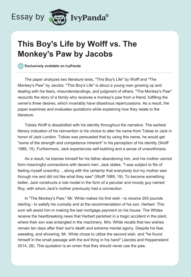 "This Boy's Life" by Wolff vs. "The Monkey's Paw" by Jacobs. Page 1