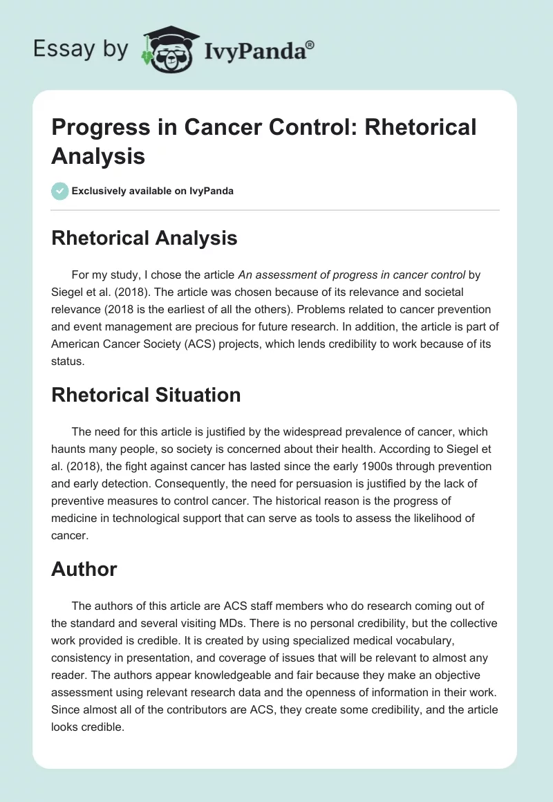 Progress in Cancer Control: Rhetorical Analysis. Page 1