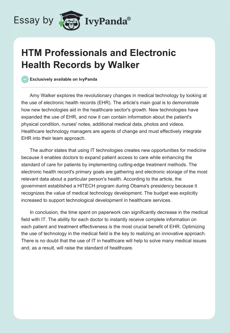HTM Professionals and Electronic Health Records by Walker. Page 1